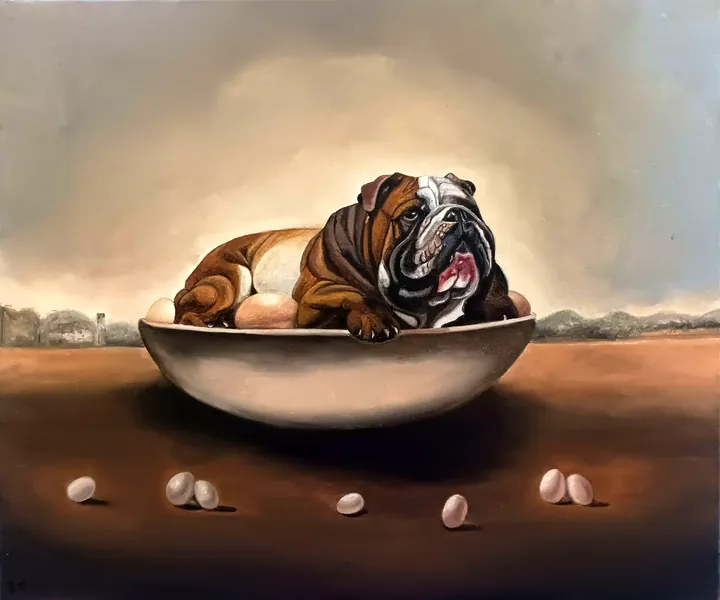La Poule aux œufs d’or, peinture à l’huile 50 × 40 cm, Joëlle Vincent