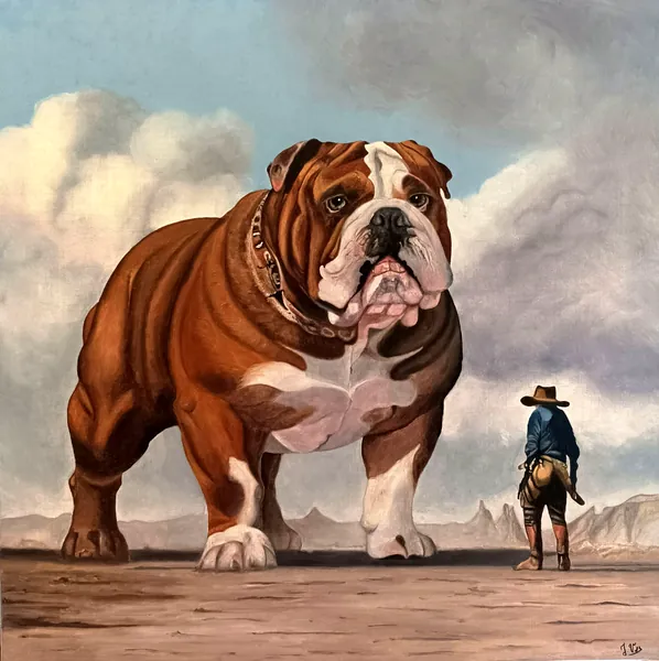 Macadam Cowboy, peinture à l’huile 80 × 80 cm, Joëlle Vincent