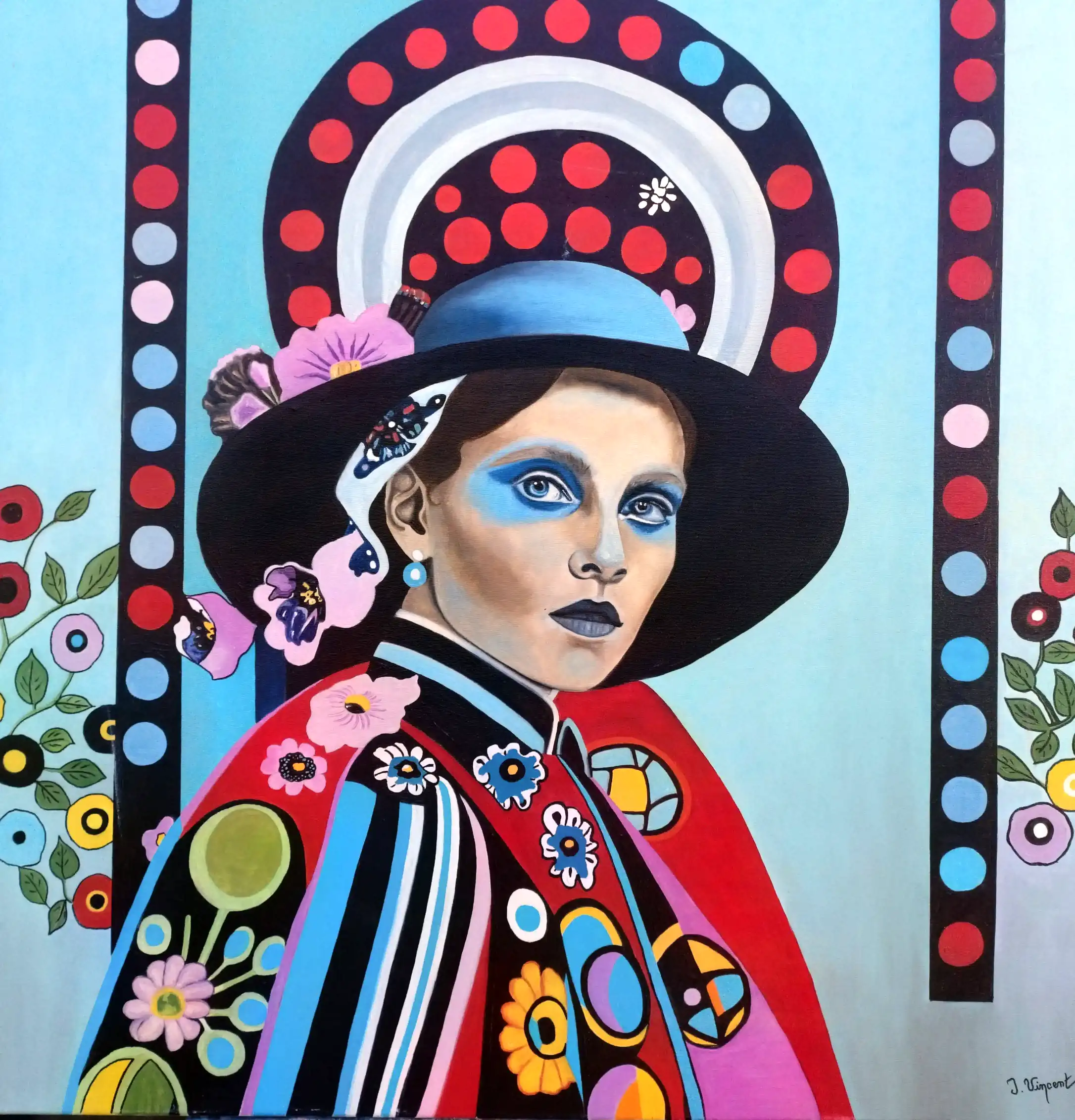 Femme au chapeau, peinture à l'huile 100 × 100 cm, Joëlle Vincent